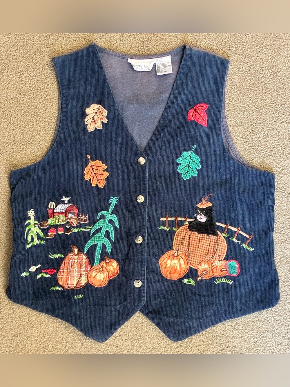 VTG 90s Embroidered Corduroy Vest Womens L Navy Pumpkin Farm Cat Halloween
